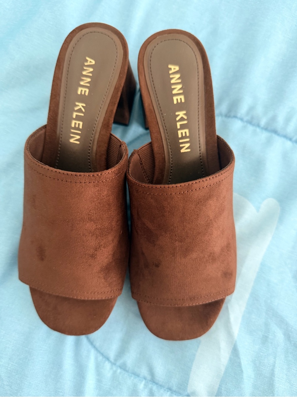 Anne Klein Brown Suede Open-Toe Block Heel Mules